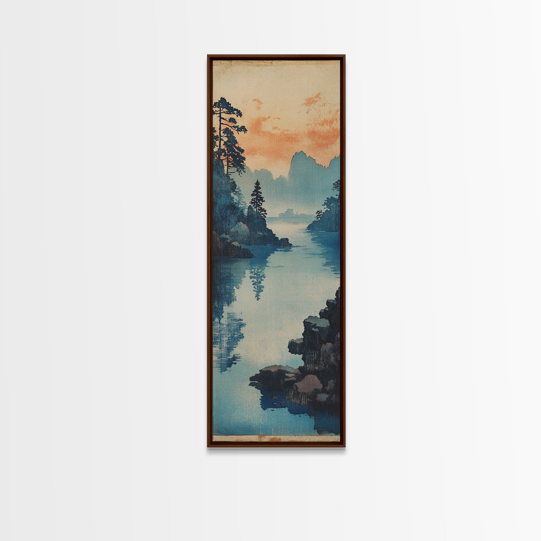 Blue Lake And Pine Forest Wall Art, Japanese Landscape Canvas Print, Serene Coastal Nature Decor For Living Room Above Sofa Decor