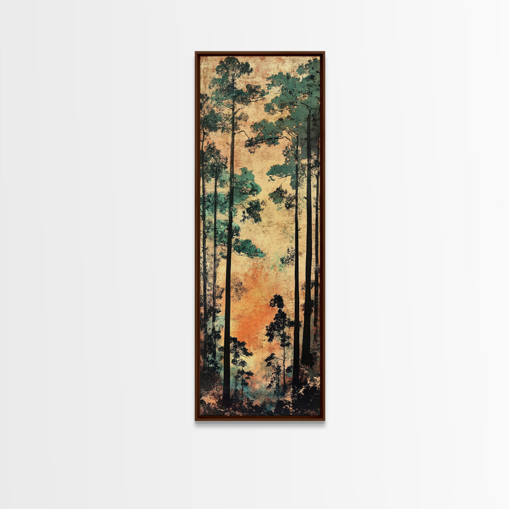 Tall Pine Forest Wall Art, Japanese Woodland Canvas Print, Rustic Nature Decor, Vertical Landscape For Cabin Living Room