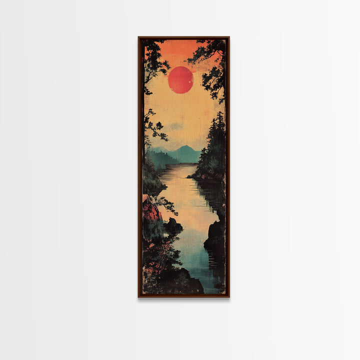 Red Sun River Wall Art, Japanese Pine Landscape Canvas Print, Serene Mountain Lake Decor For Living Room Above Sofa Wall Decor