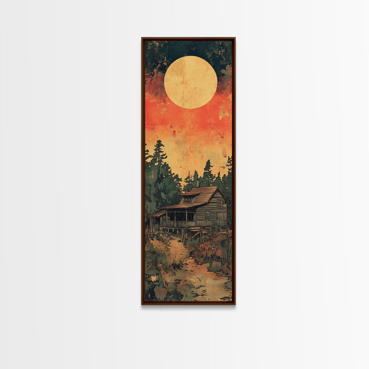 Rustic Cabin Moon Canvas Print, Japanese Forest Wall Art, Orange Sunset Landscape Decor For Cozy Cabin Living Room Wall Decor