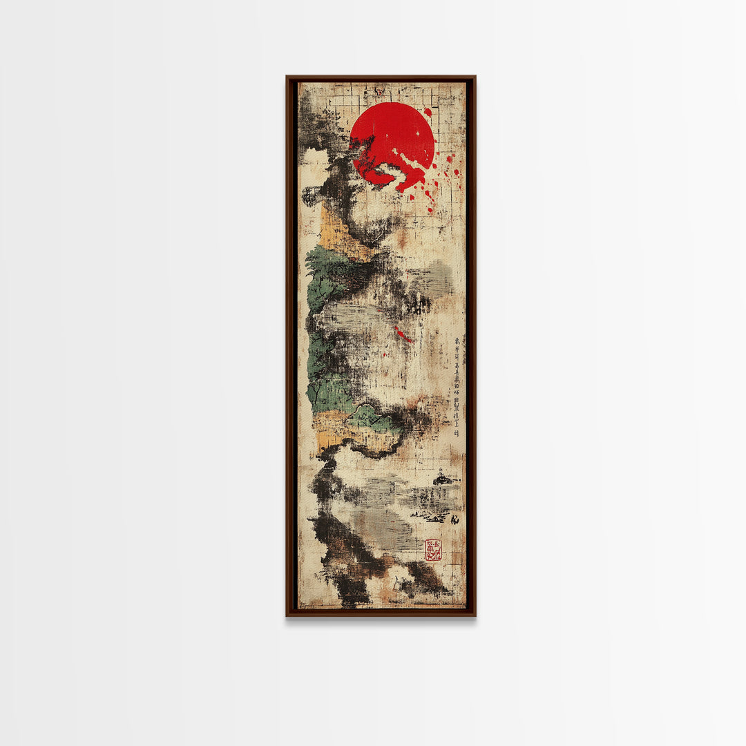 Abstract Sumi Ink Red Sun Wall Art, Japanese Minimalist Canvas Print, Wabi Sabi Decor, Modern Zen Office Wall Decor For Entryway