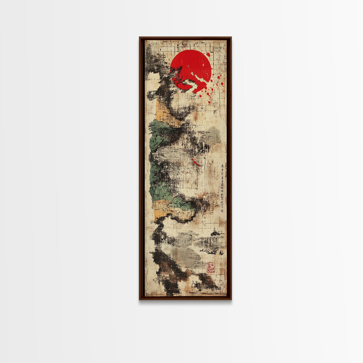 Abstract Sumi Ink Red Sun Wall Art, Japanese Minimalist Canvas Print, Wabi Sabi Decor, Modern Zen Office Wall Decor For Entryway