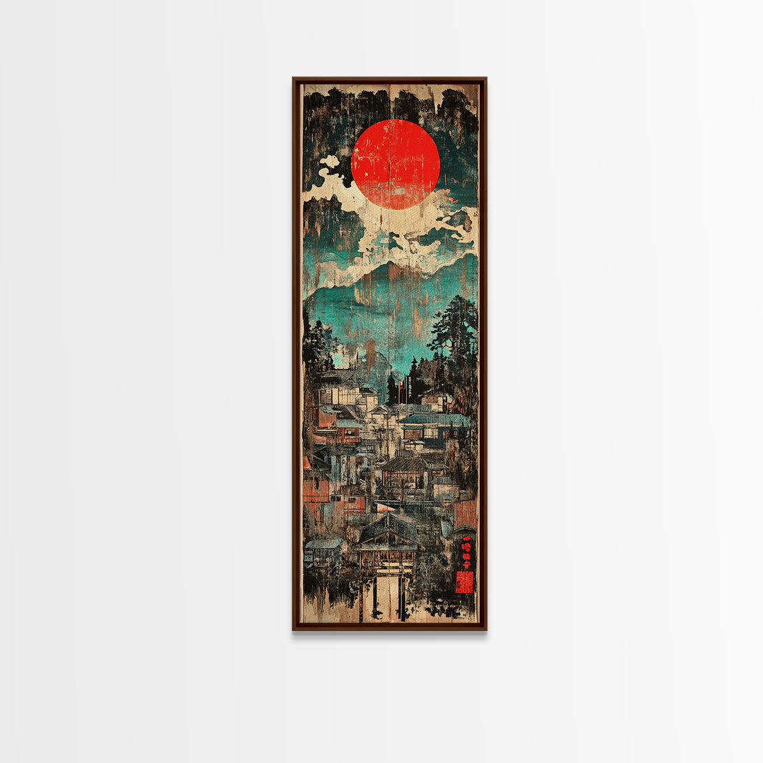 Red Sun Mountain Town Wall Art, Japanese Landscape Canvas Print, Rustic Wabi Sabi Decor, Teal Blue Living Room Wall Art Print