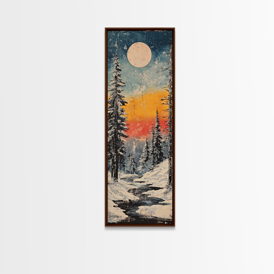 Snowy Pine Forest Moonrise Wall Art, Winter Landscape Canvas Print, Cozy Cabin Decor, Japandi Nature Art For Living Room