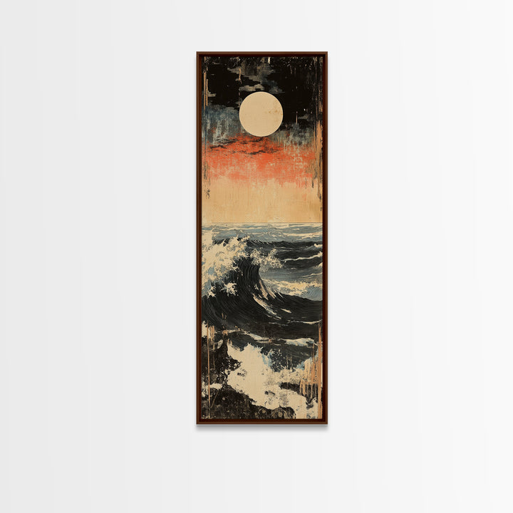 Full Moon Ocean Wave Wall Art, Japanese Seascape Canvas Print, Moody Coastal Decor, Blue Nautical Art For Living Room Decor