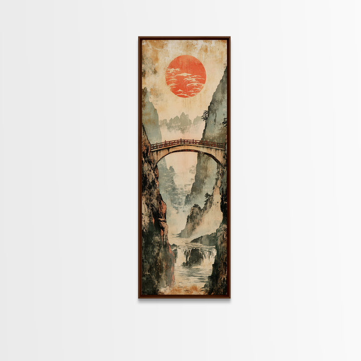 Misty Gorge Bridge And Red Sun Canvas Print, Japanese Landscape Wall Art, Zen Home Decor, Waterfall Art, Japandi Wall Decor