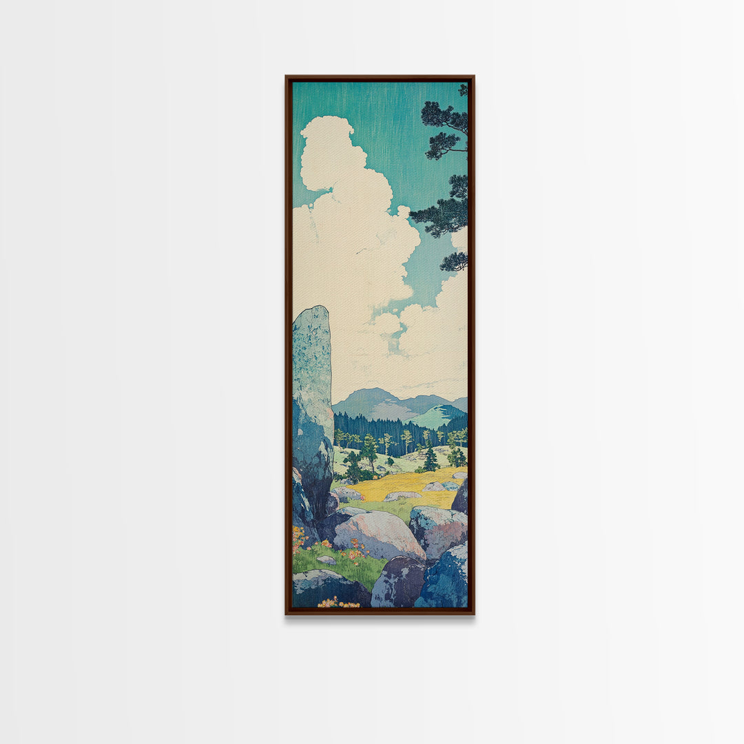 Blue Sky Cloud Meadow And Stone Wall Art, Japanese Landscape Canvas Print, Minimalist Nature Art, Serene Decor, Japandi Print