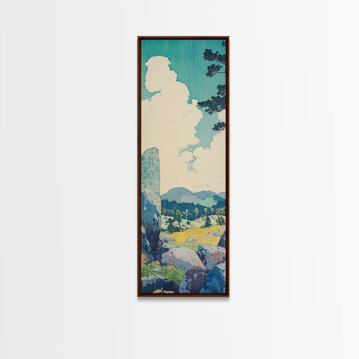 Blue Sky Cloud Meadow And Stone Wall Art, Japanese Landscape Canvas Print, Minimalist Nature Art, Serene Decor, Japandi Print