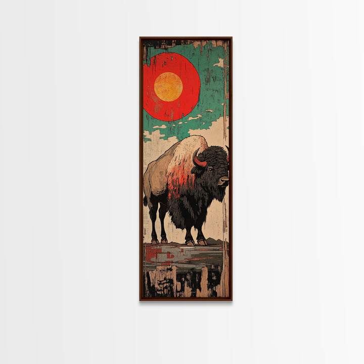 Red Sun Bison Wall Art, Bold Western Buffalo Canvas Print, Rustic Lodge Decor, Teal Desert Artwork, Housewarming Gift, Man Cave Decor