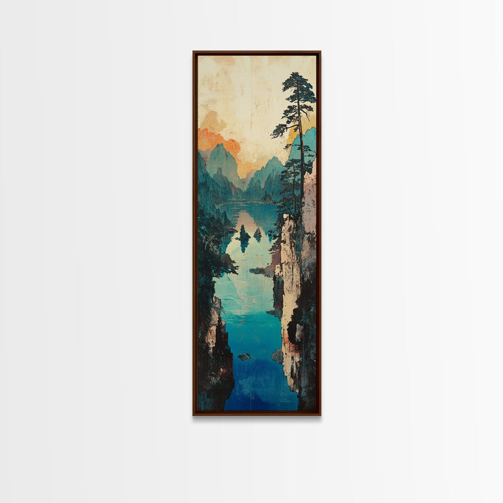 Turquoise Mountain Gorge Wall Art, Serene Lake Landscape Canvas Print, Japandi Nature Decor, Large Living Room Wall Art Print