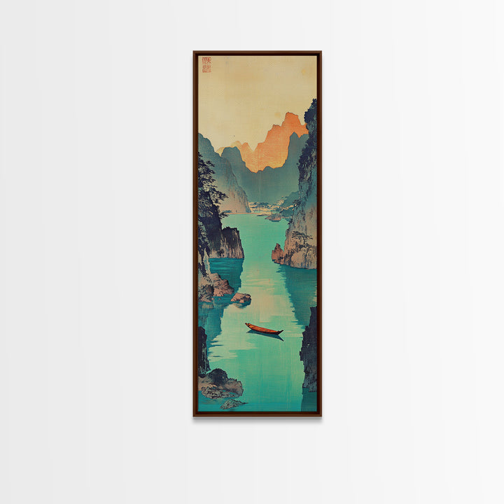 Red Boat Canyon Wall Art, Turquoise River Landscape Framed Canvas Print, Japanese Coastal Decor, Serene Nature Art For Living Room