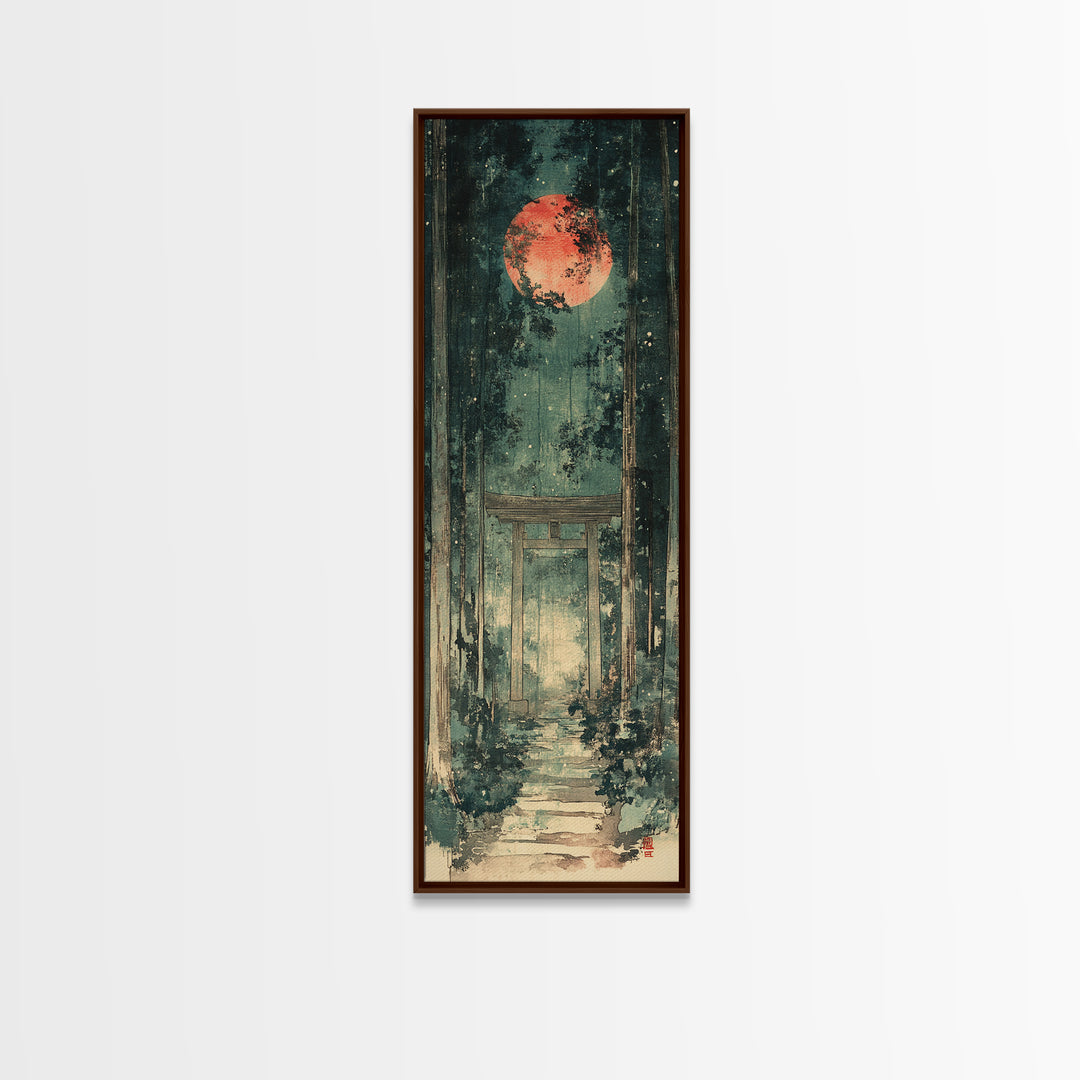Red Moon Forest Shrine Wall Art, Mystical Torii Gate Canvas Print, Japanese Zen Decor, Dark Green Celestial Wall Art, Meditation Decor