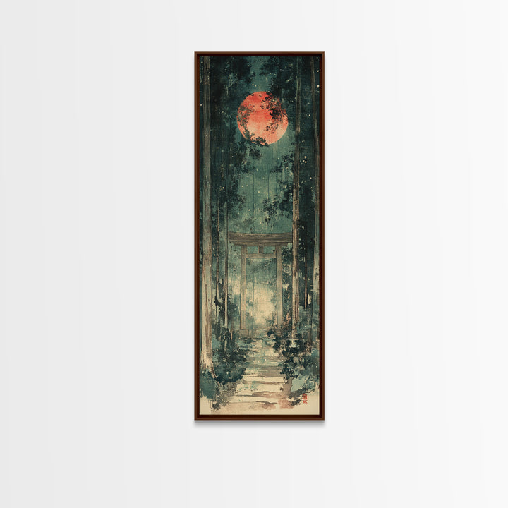 Red Moon Forest Shrine Wall Art, Mystical Torii Gate Canvas Print, Japanese Zen Decor, Dark Green Celestial Wall Art, Meditation Decor