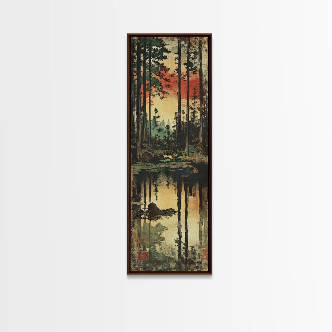 Sunset Pine Forest Wall Art, Reflective Woodland Stream Canvas Print, Rustic Cabin Decor, Moody Nature Landscape Art, Gift For Her