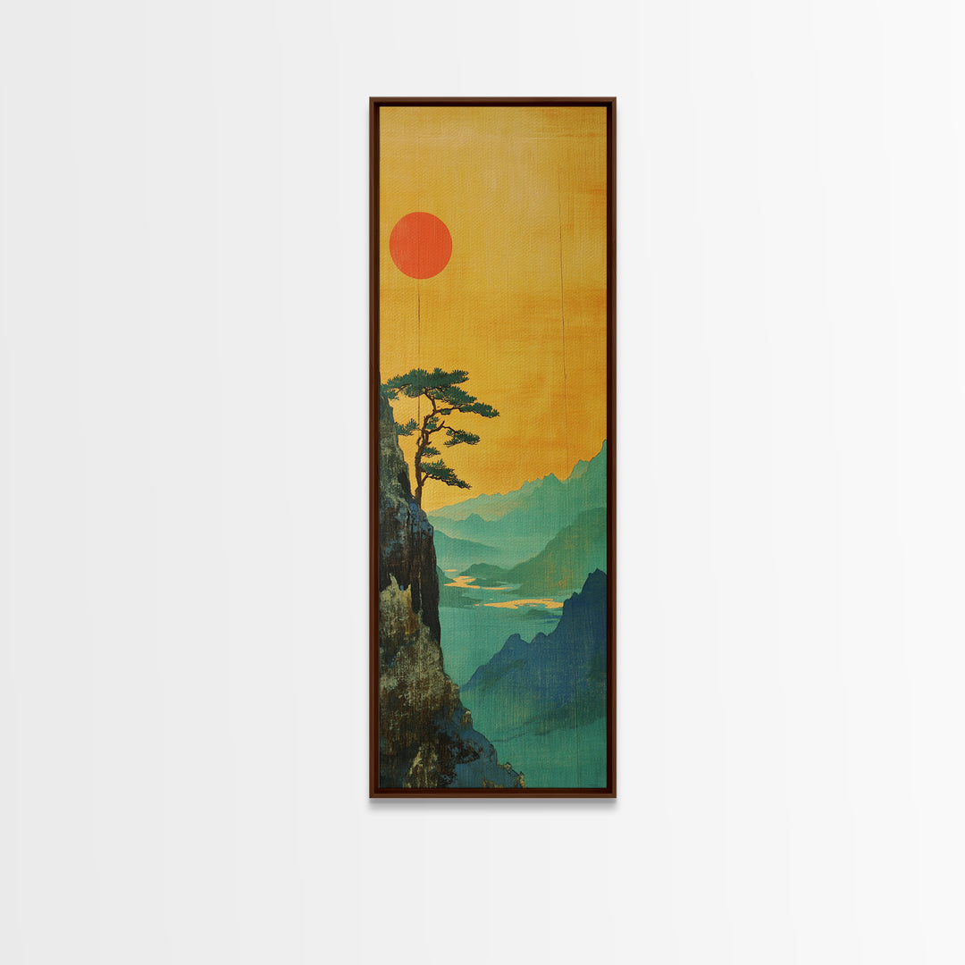 Orange Sun Cliff Pine Mountain Wall Art, Japanese Landscape Canvas Print, Japandi Home Decor, Long Narrow Wall Decor Gift
