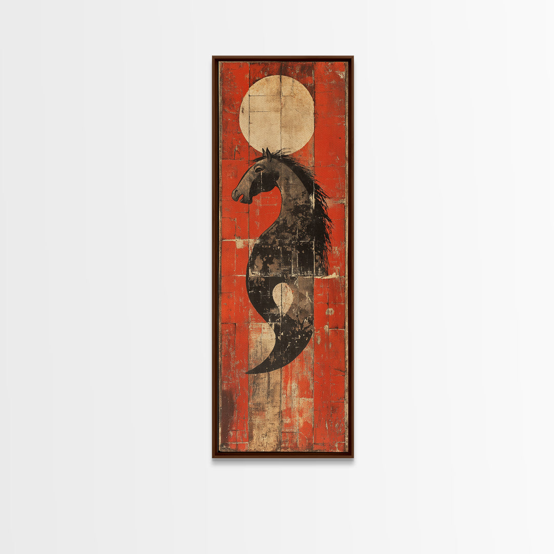 Black Horse Yin Yang Red Canvas Print, Japanese Equestrian Wall Art, Western Modern Decor, Long Narrow Wall Decor Gift For Him