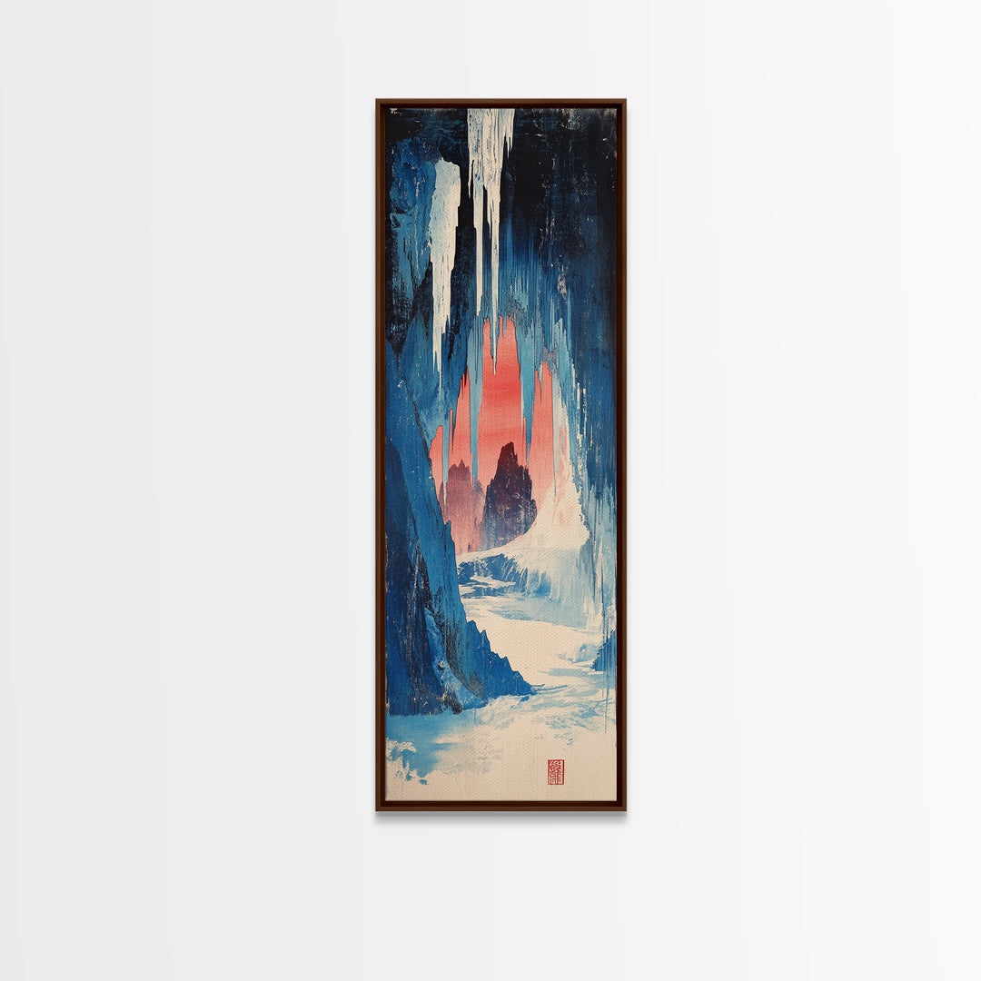 Blue Ice Cave Figure Canvas Print, Japanese Fantasy Wall Art, Moody Winter Landscape Decor, Long Narrow Wall Decor Gift For Her