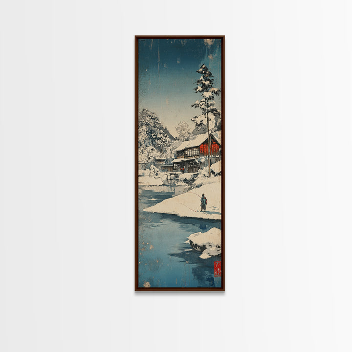 Snowy Japanese Cabin River Wall Art, Winter Landscape Canvas Print, Japandi Home Decor, Long Narrow Wall Decor Gift For Him
