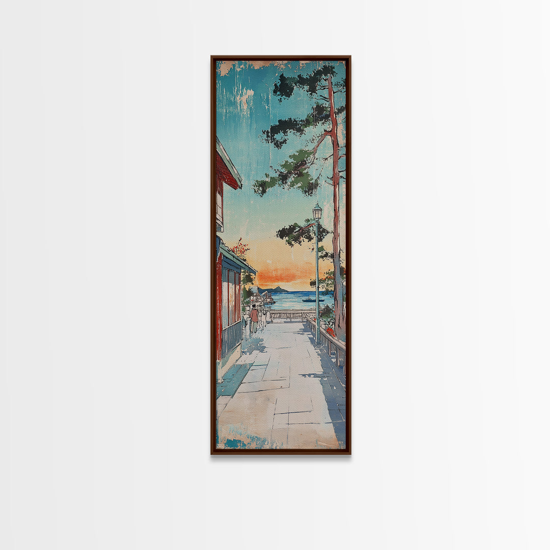Japanese Seaside Village Sunset Wall Art, Coastal Landscape Canvas Print, Japandi Home Decor, Long Narrow Wall Decor Gift