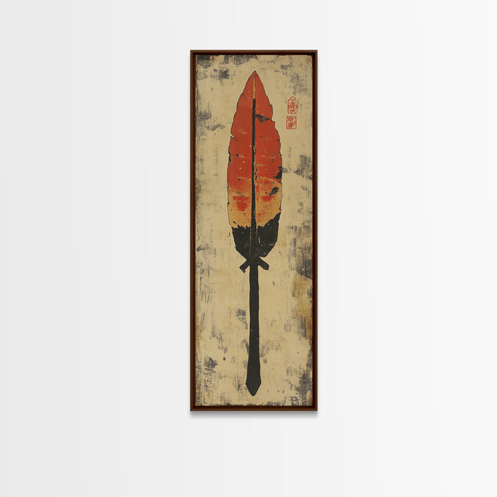 Red Feather Arrow Wall Art, Rustic Tribal Canvas Print, Southwestern Boho Decor, Indigenous Inspired Living Room Decor Gift