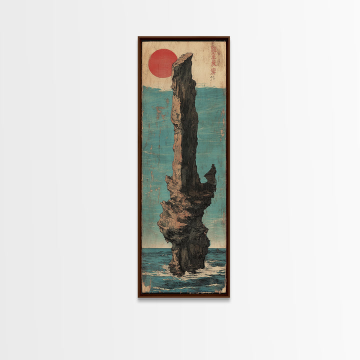 Red Sun Sea Stack Wall Art, Japanese Coastal Canvas Print, Dramatic Ocean Rock Landscape Print, Japandi Living Room Decor