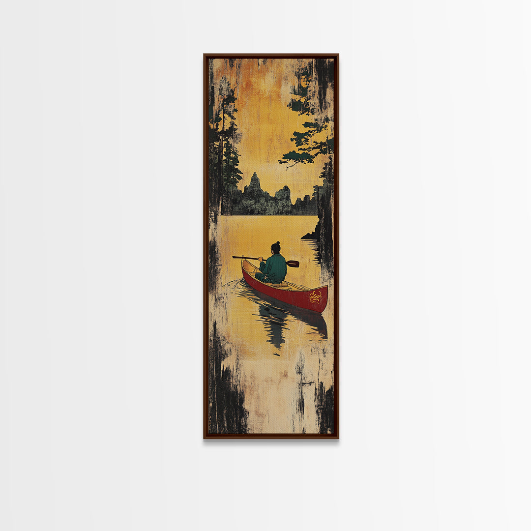 Golden Sunset Canoe Lake Wall Art, Rustic Cabin Canvas Print, Forest Landscape Decor, Peaceful Nature Art For Living Room