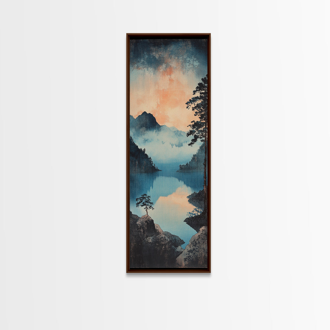 Misty Blue Mountain Lake Wall Art, Japanese Landscape Print, Serene Nature Decor, Long Narrow Canvas For Living Room Wall Decor