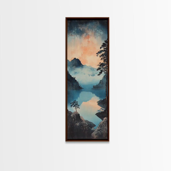 Misty Blue Mountain Lake Wall Art, Japanese Landscape Print, Serene Nature Decor, Long Narrow Canvas For Living Room Wall Decor