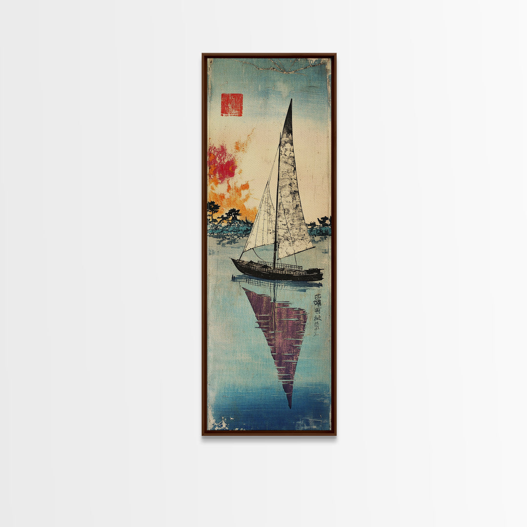 White Sailboat Reflected On Calm Blue Water Wall Art, Japanese Coastal Print, Nautical Decor, Long Narrow Living Room Art