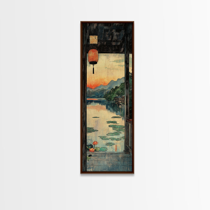 Lantern Window Over Lotus Lake Framed Canvas Print, Japanese Landscape Wall Art, Zen Home Decor, Long Narrow Asian Print