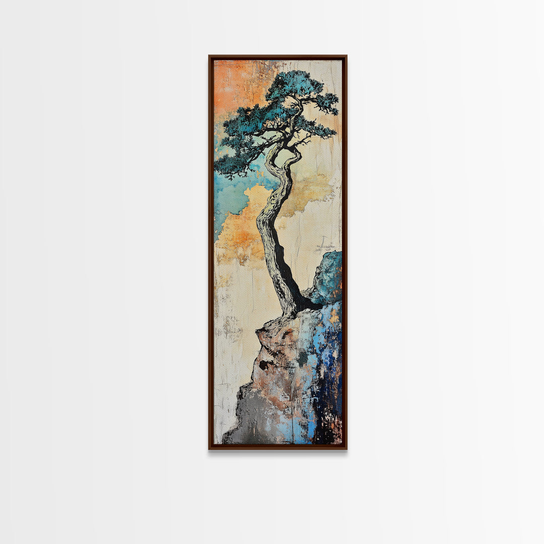 Twisted Pine Tree On Rocky Cliff Wall Art, Japanese Nature Print, Rustic Asian Decor, Long Narrow Minimalist Canvas Wall Decor