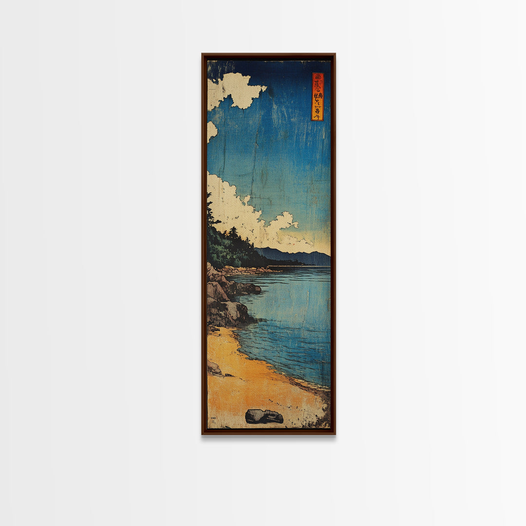 Blue Coastal Shore With White Clouds Canvas Print, Japanese Seascape Wall Art, Beach House Decor, Long Narrow Ocean Print
