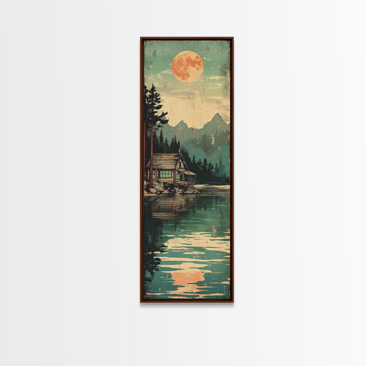 Full Moon Cabin Beside Green Lake Wall Art, Japanese Landscape Print, Cozy Rustic Decor, Long Narrow Mountain Lake Canvas Art