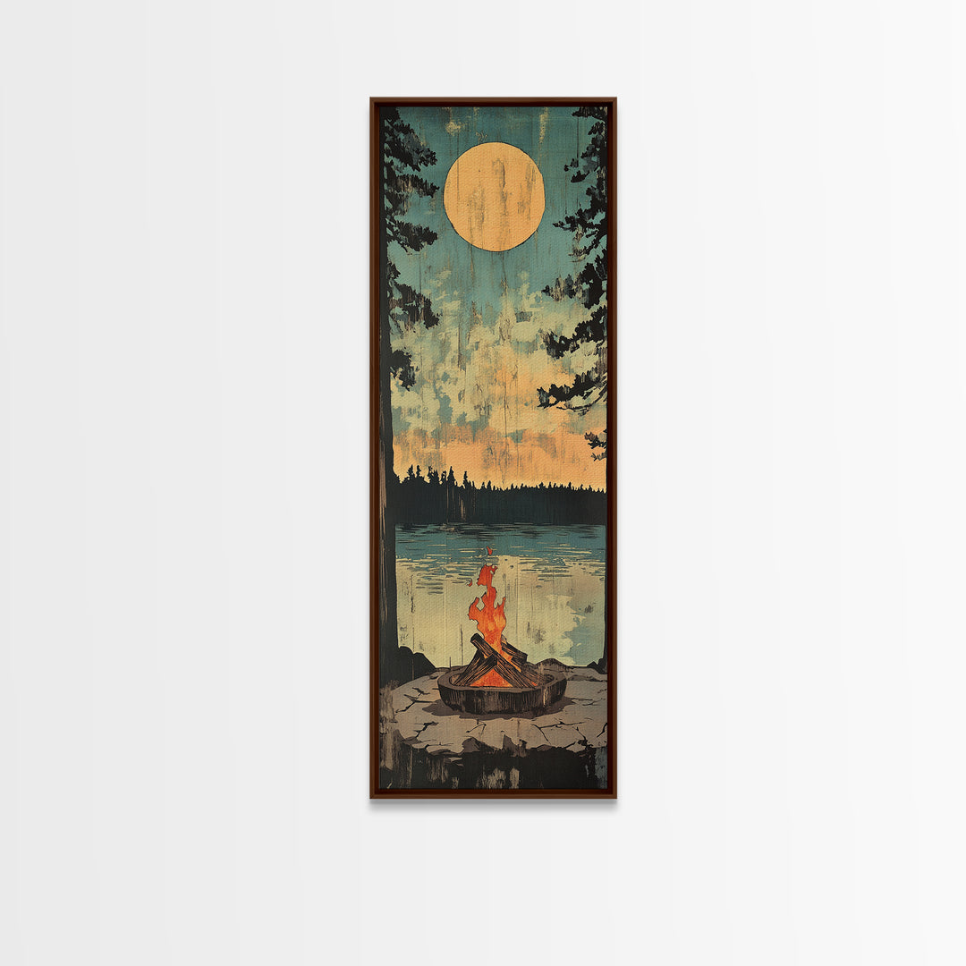 Moonlit Campfire By Quiet Lake Wall Art, Rustic Cabin Decor, Nature Landscape Print, Cozy Lodge Gift, Vertical Canvas Print, Home Decor