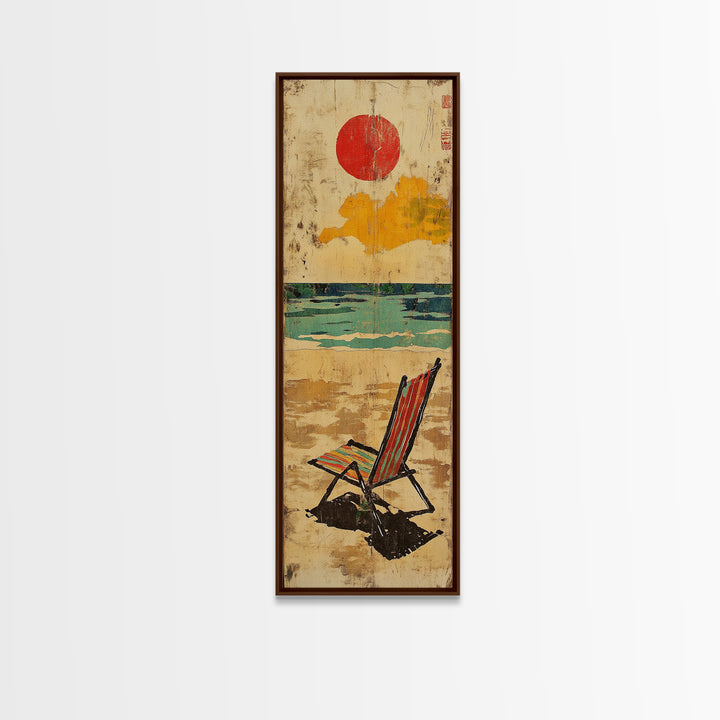 Striped Beach Chair Under Red Sun Canvas Print, Coastal Wall Art, Beach House Decor, Summer Ocean Print, Gift For Her, Home Decor