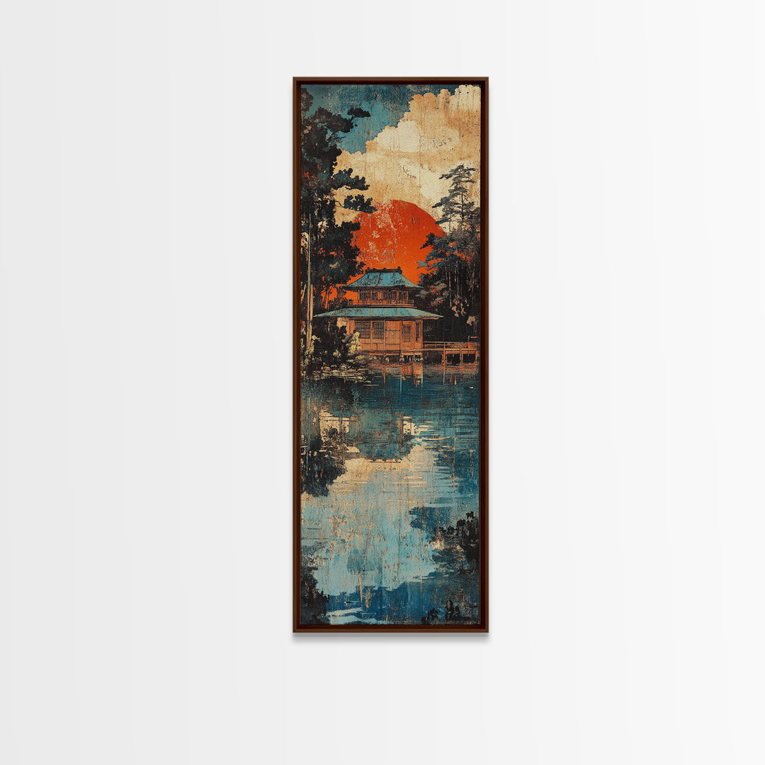 Japanese Lakeside Temple At Sunset Framed Canvas Print, Japandi Wall Art, Asian Landscape, Zen Home Decor, Housewarming Gift