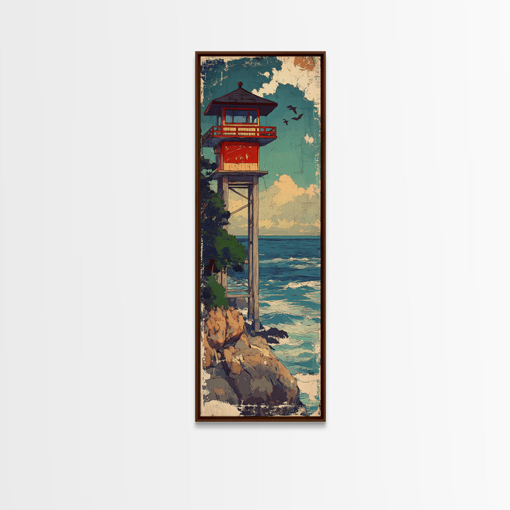 Coastal Lifeguard Tower Above Ocean Wall Art, Beach House Decor, Nautical Canvas Print, Seaside Landscape, Summer Home Decor Gift