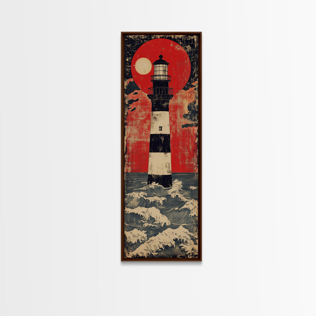 Striped Lighthouse Beneath Red Sun Wall Art, Nautical Canvas Print, Ocean Wall Decor, Coastal Home Decor, Statement Gift