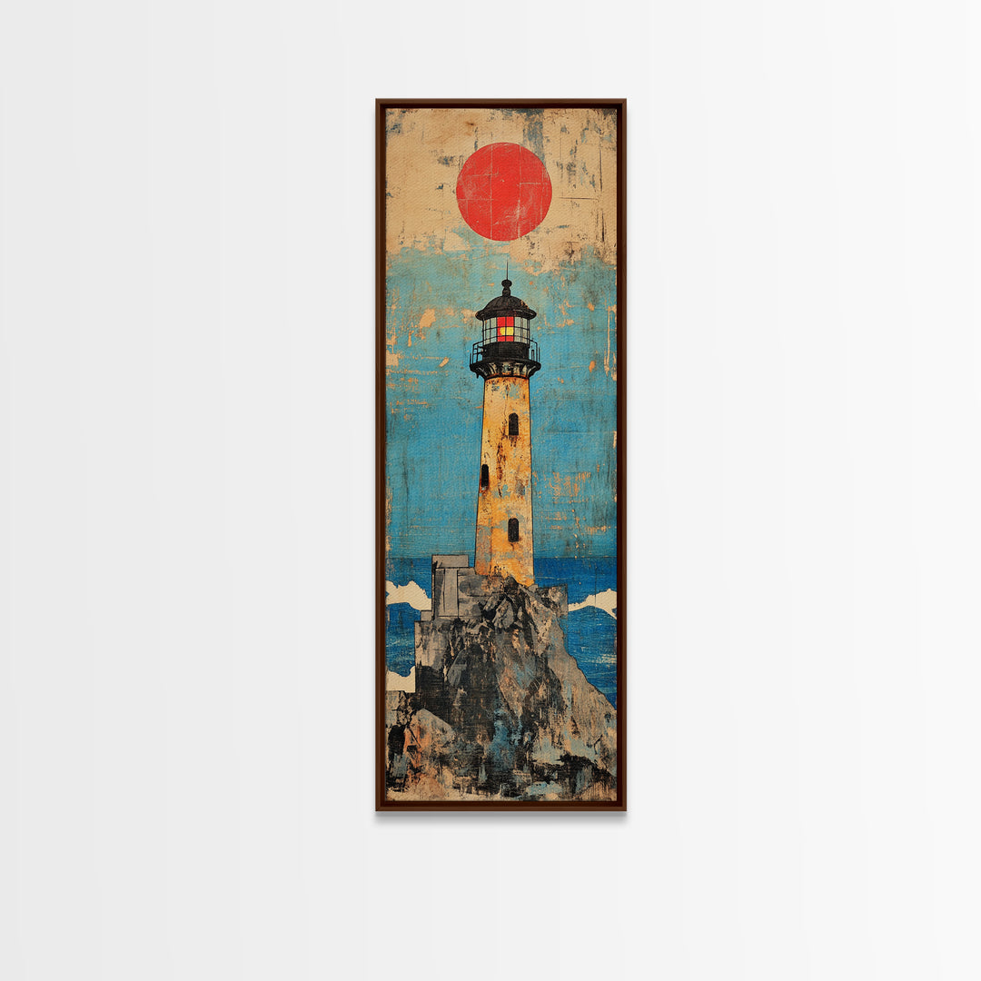 Rocky Island Lighthouse With Red Sun Canvas Print, Coastal Wall Art, Nautical Decor, Ocean Landscape, Large Wall Decor Gift