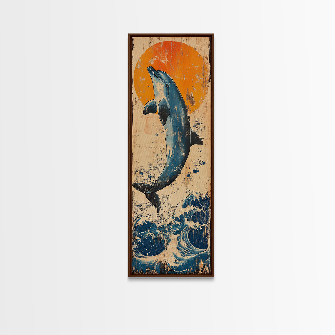 Jumping Dolphin Ocean Wall Art, Japanese Wave Canvas Print, Coastal Beach Decor, Orange Sun Nautical Art Print, Gift For Her