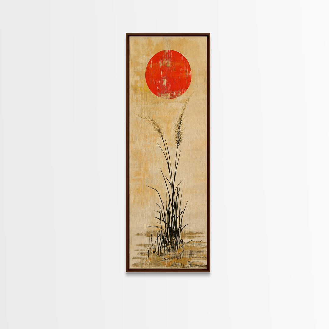 Red Sun Grass Minimalist Wall Art, Japanese Landscape Canvas Print, Wabi Sabi Decor, Neutral Wall Decor, Zen Home Decor Print