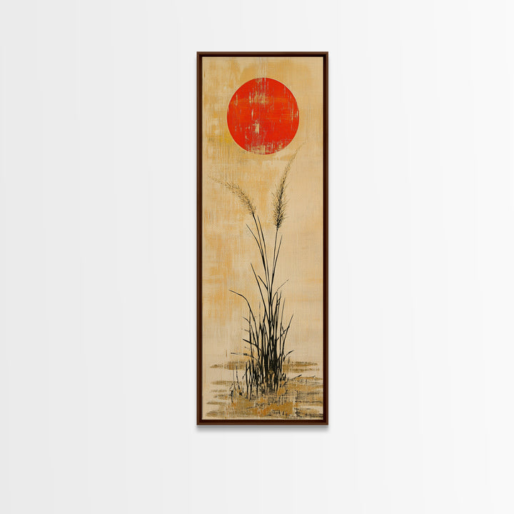 Red Sun Grass Minimalist Wall Art, Japanese Landscape Canvas Print, Wabi Sabi Decor, Neutral Wall Decor, Zen Home Decor Print