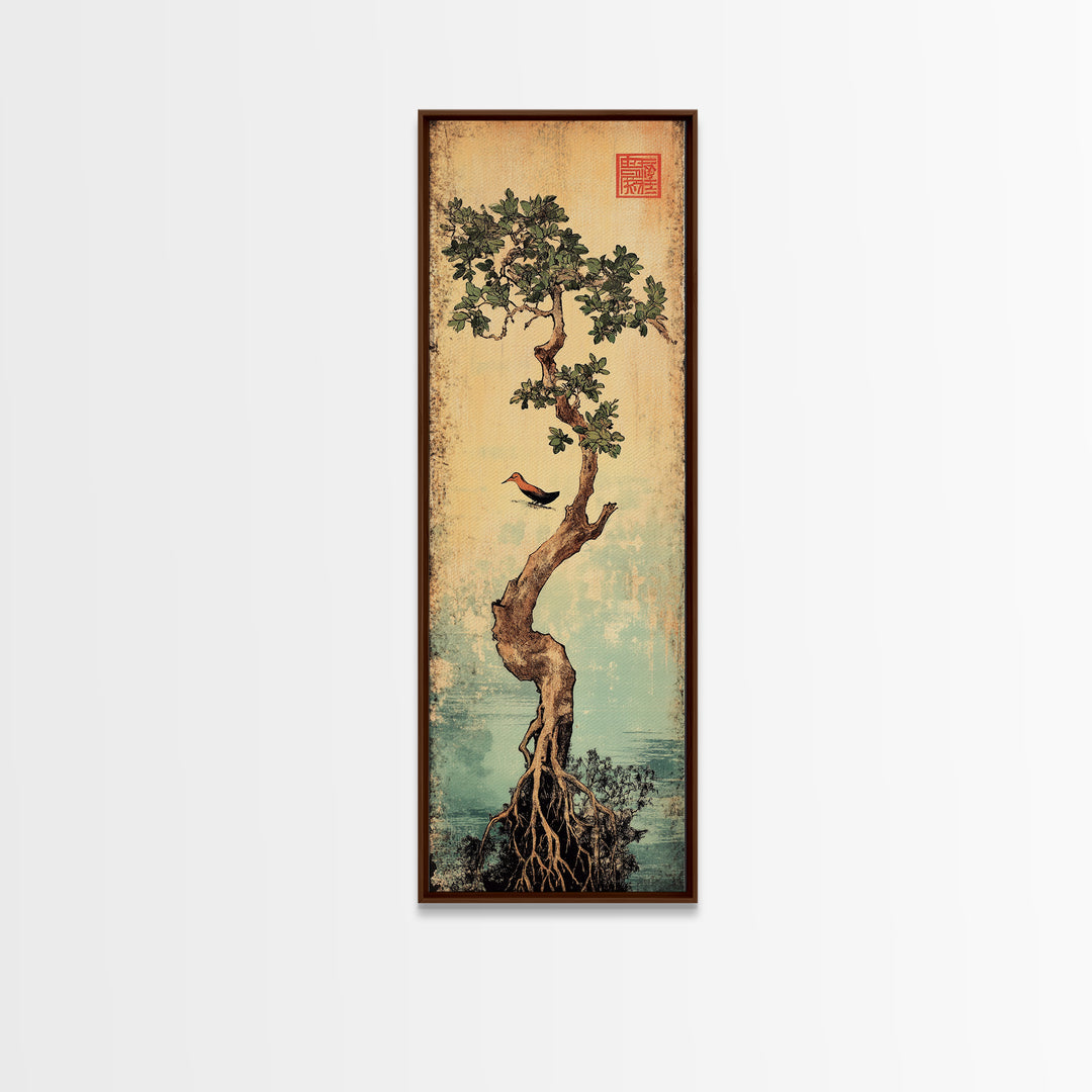 Bonsai Tree With Exposed Roots Wall Art, Japanese Botanical Canvas Print, Zen Nature Decor, Bird Wall Art, Wabi Sabi Decor