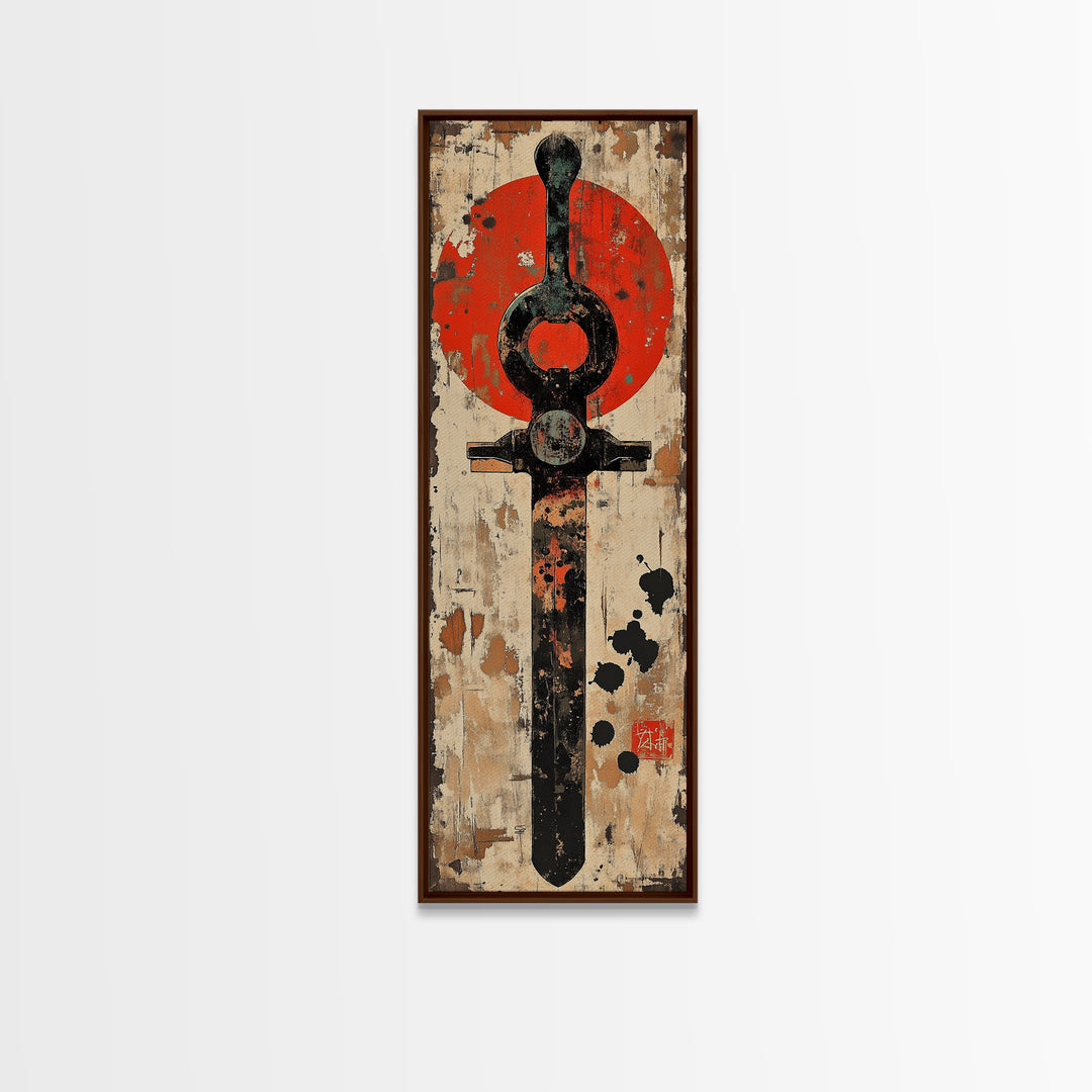 Rustic Samurai Sword With Red Sun Canvas Print, Japanese Wall Art, Martial Arts Decor, Masculine Office Wall Decor, Gift For Him