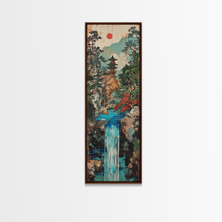Pagoda Waterfall In Misty Mountain Forest Framed Canvas Print, Japanese Wall Art, Zen Decor, Japandi Landscape, Living Room Art