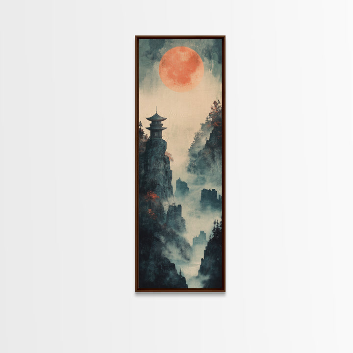 Misty Pagoda Cliffs Under Coral Moon Framed Canvas Print, Japanese Wall Art, Zen Landscape Decor, Moody Wall Decor, Gift For Her