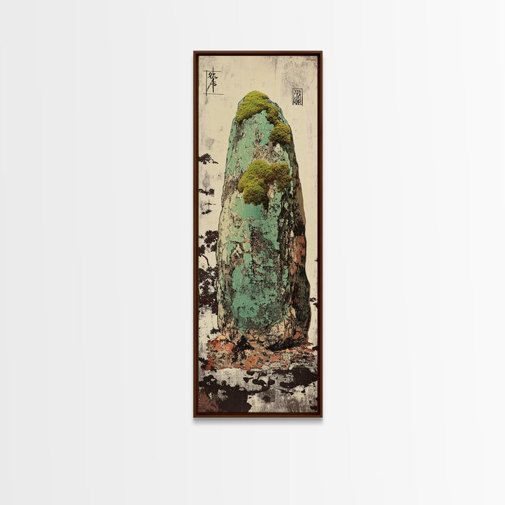 Mossy Zen Stone Monolith Wall Art, Japanese Wabi Sabi Landscape Print, Tall Narrow Canvas For Meditation Room Decor Gift