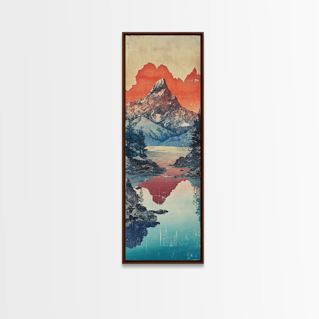 Snowy Mountain Lake Reflection Wall Art, Japanese Woodblock Landscape Print, Blue Teal Canvas For Cabin Living Room Decor