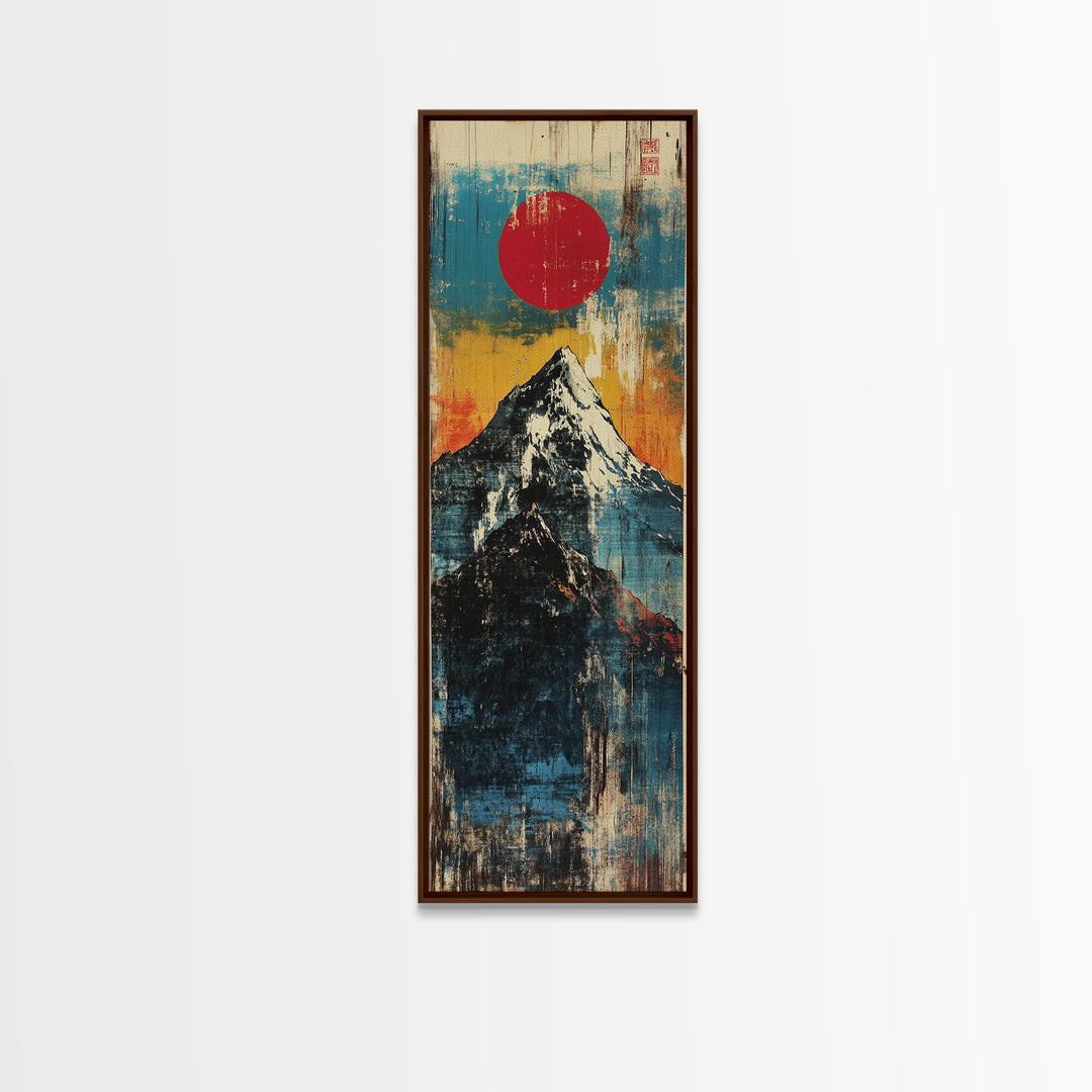 Red Sun Snowy Fuji Mountain Wall Art, Japanese Woodblock Landscape Print, Blue Abstract Canvas For Modern Japandi Decor Gift