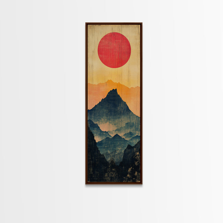 Red Sun Layered Mountain Silhouette Wall Art, Minimalist Japanese Landscape Print, Tall Narrow Canvas For Zen Home Decor